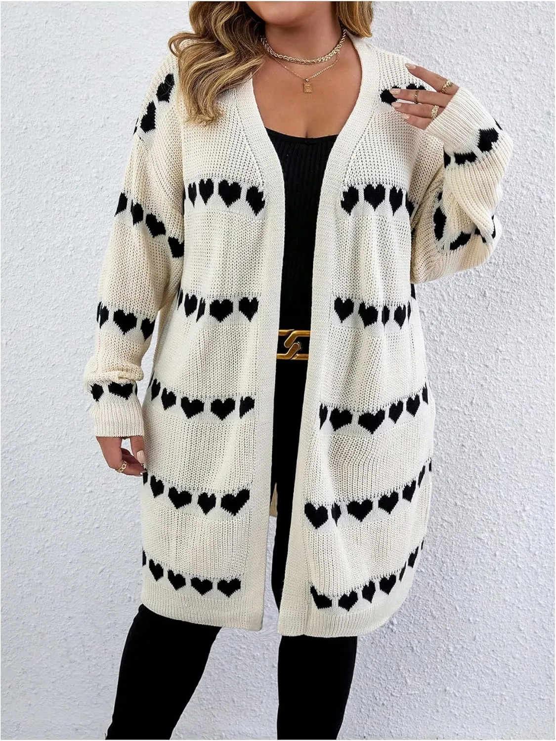 MakeMeChic Women's Plus Size Casual Open Front Duster Cardigan Sweater Heart Printed Long Sleeve Loose Outerwear