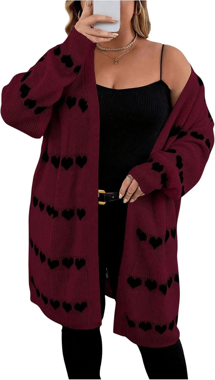 MakeMeChic Women's Plus Size Casual Open Front Duster Cardigan Sweater Heart Printed Long Sleeve Loose Outerwear
