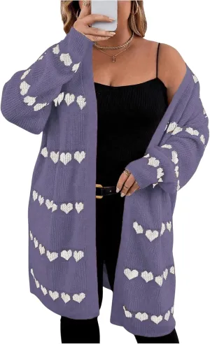 MakeMeChic Women's Plus Size Casual Open Front Duster Cardigan Sweater Heart Printed Long Sleeve Loose Outerwear