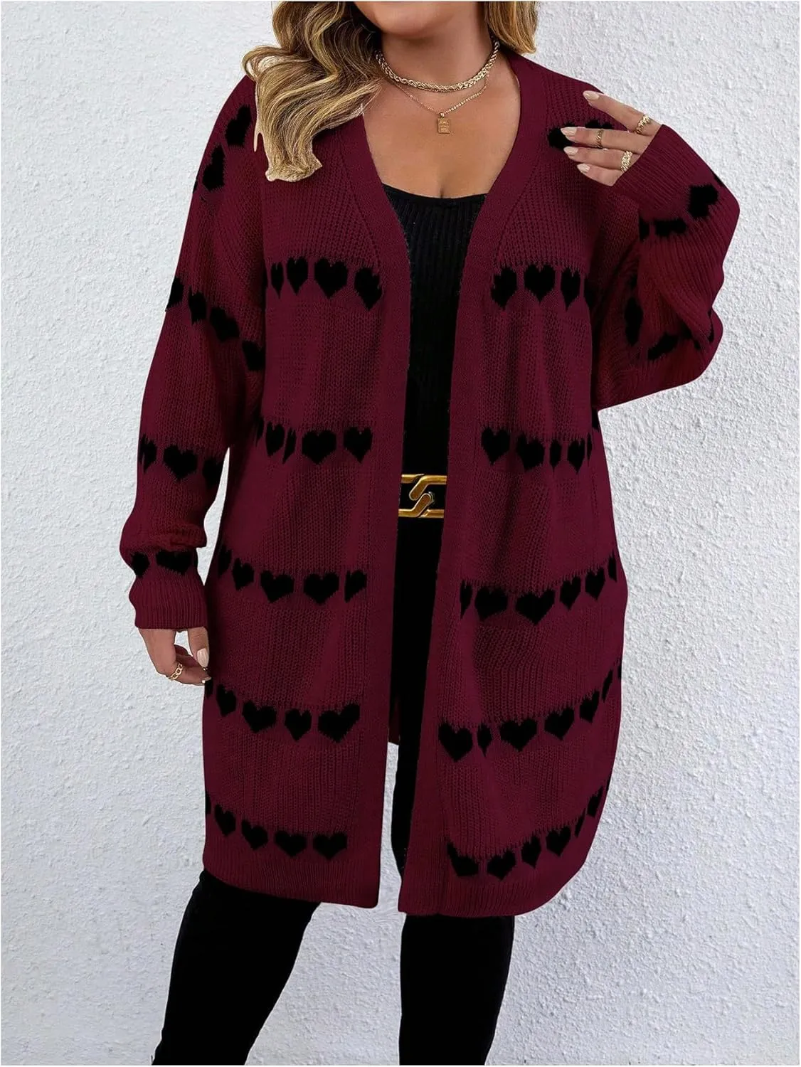 MakeMeChic Women's Plus Size Casual Open Front Duster Cardigan Sweater Heart Printed Long Sleeve Loose Outerwear