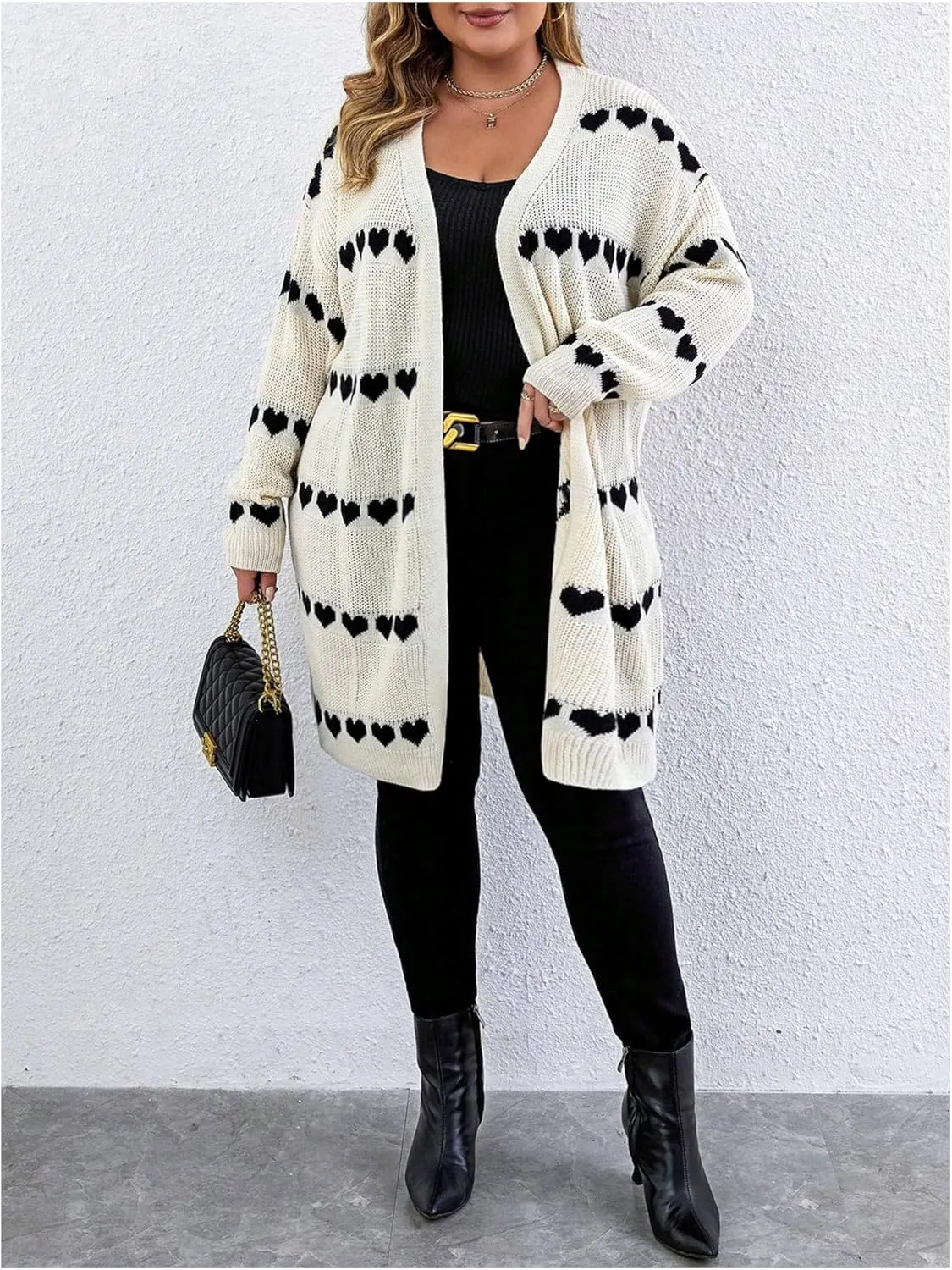 MakeMeChic Women's Plus Size Casual Open Front Duster Cardigan Sweater Heart Printed Long Sleeve Loose Outerwear
