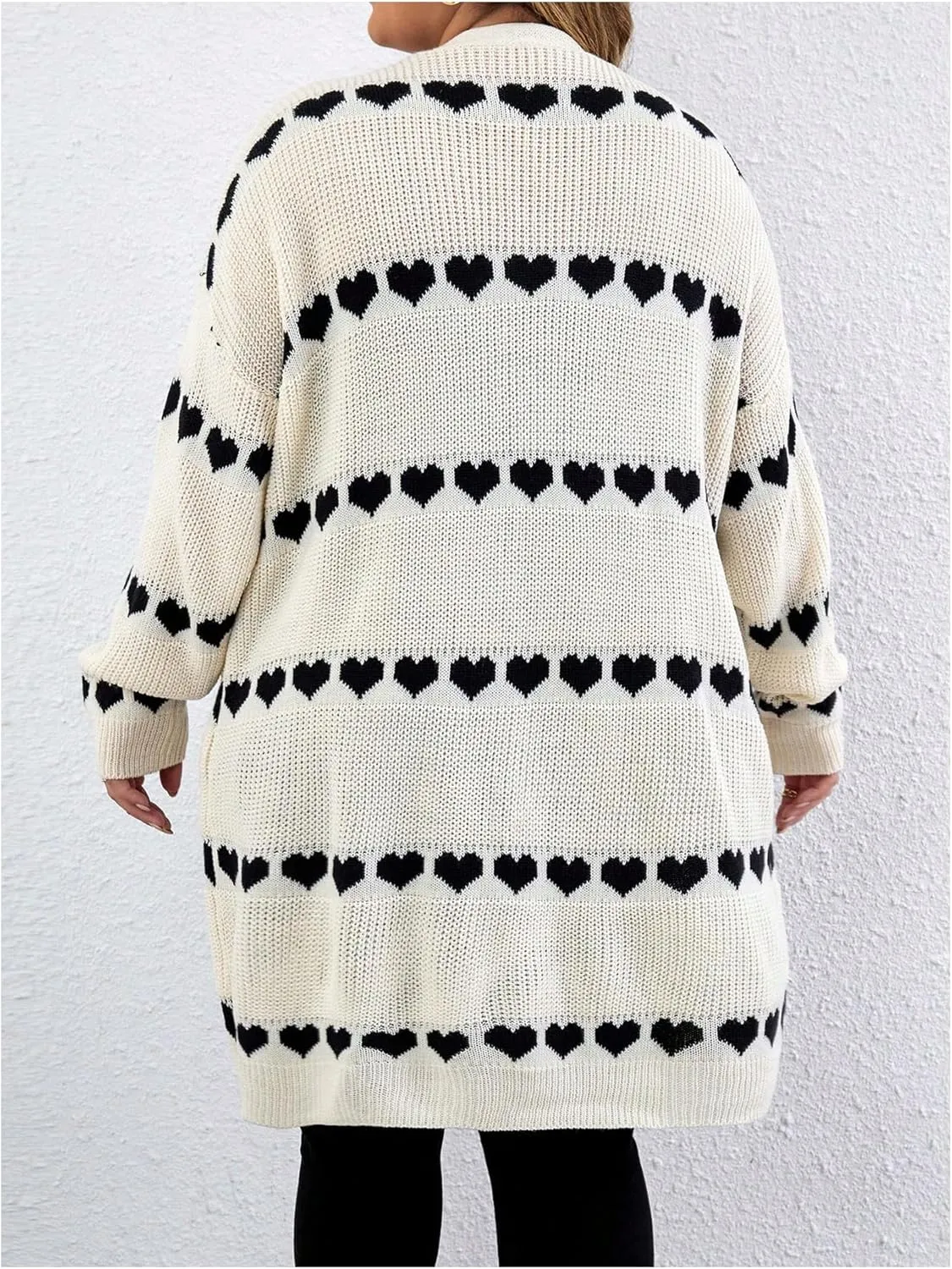 MakeMeChic Women's Plus Size Casual Open Front Duster Cardigan Sweater Heart Printed Long Sleeve Loose Outerwear