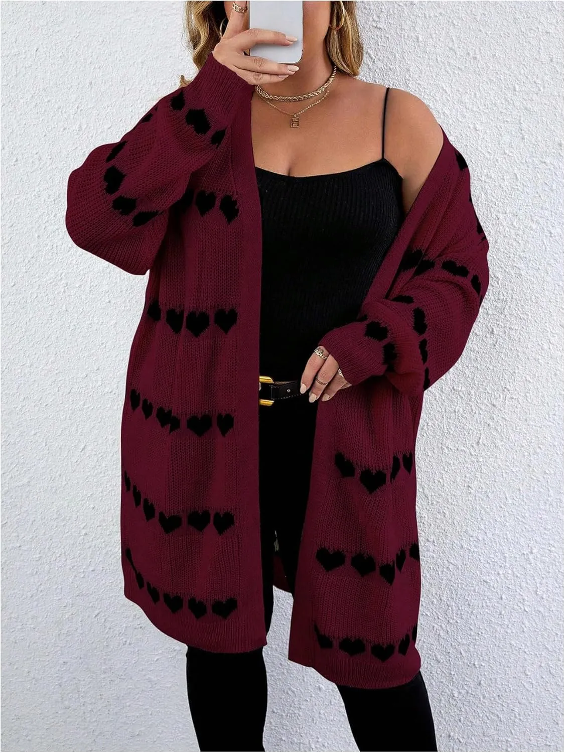 MakeMeChic Women's Plus Size Casual Open Front Duster Cardigan Sweater Heart Printed Long Sleeve Loose Outerwear