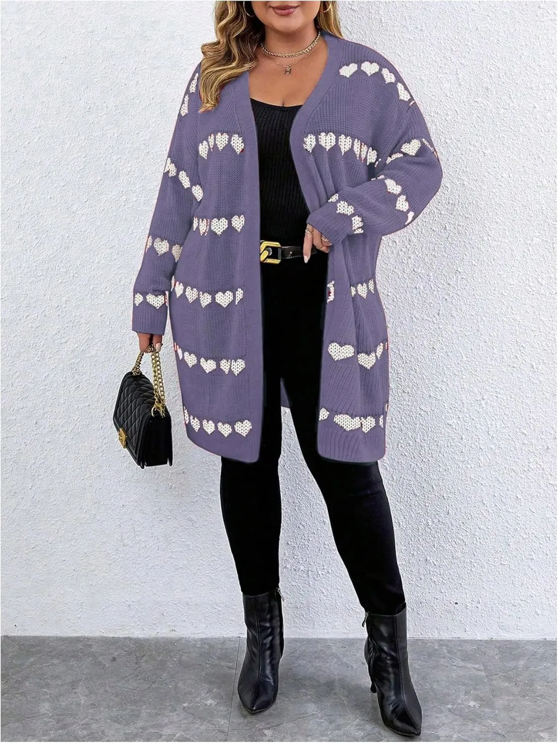 MakeMeChic Women's Plus Size Casual Open Front Duster Cardigan Sweater Heart Printed Long Sleeve Loose Outerwear