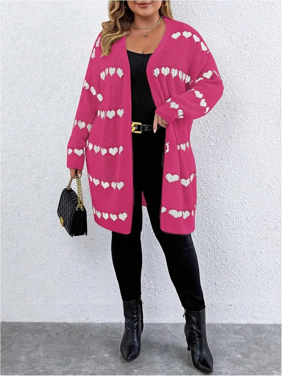 MakeMeChic Women's Plus Size Casual Open Front Duster Cardigan Sweater Heart Printed Long Sleeve Loose Outerwear