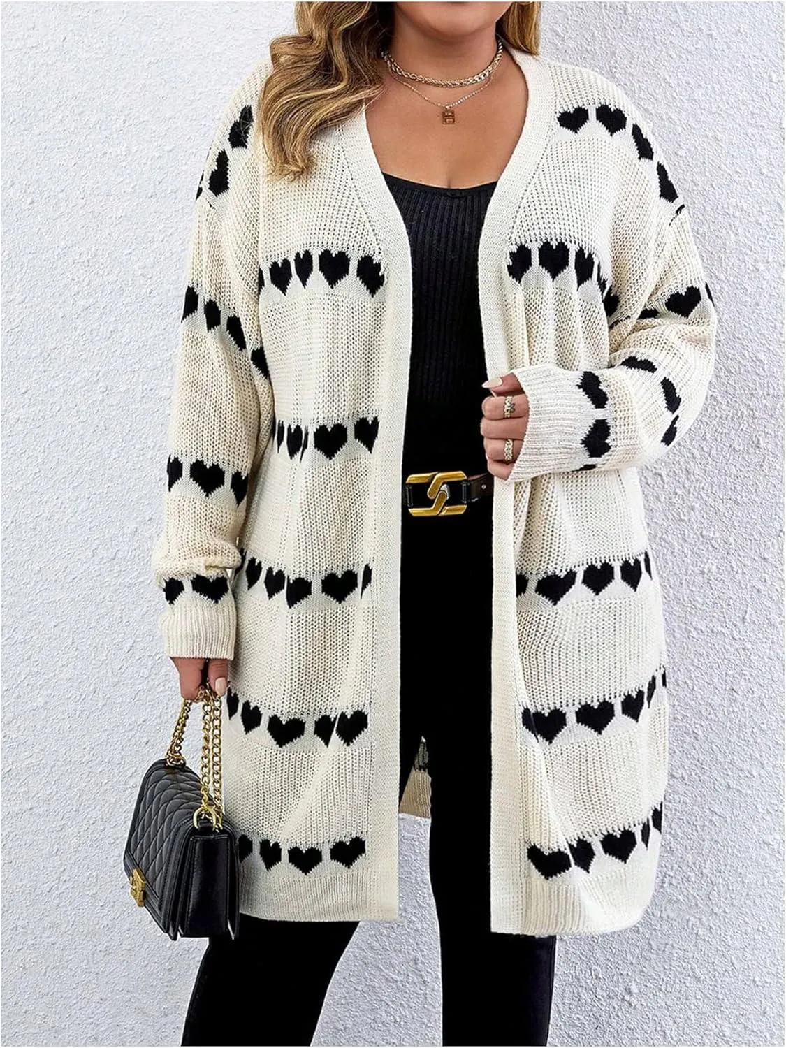 MakeMeChic Women's Plus Size Casual Open Front Duster Cardigan Sweater Heart Printed Long Sleeve Loose Outerwear