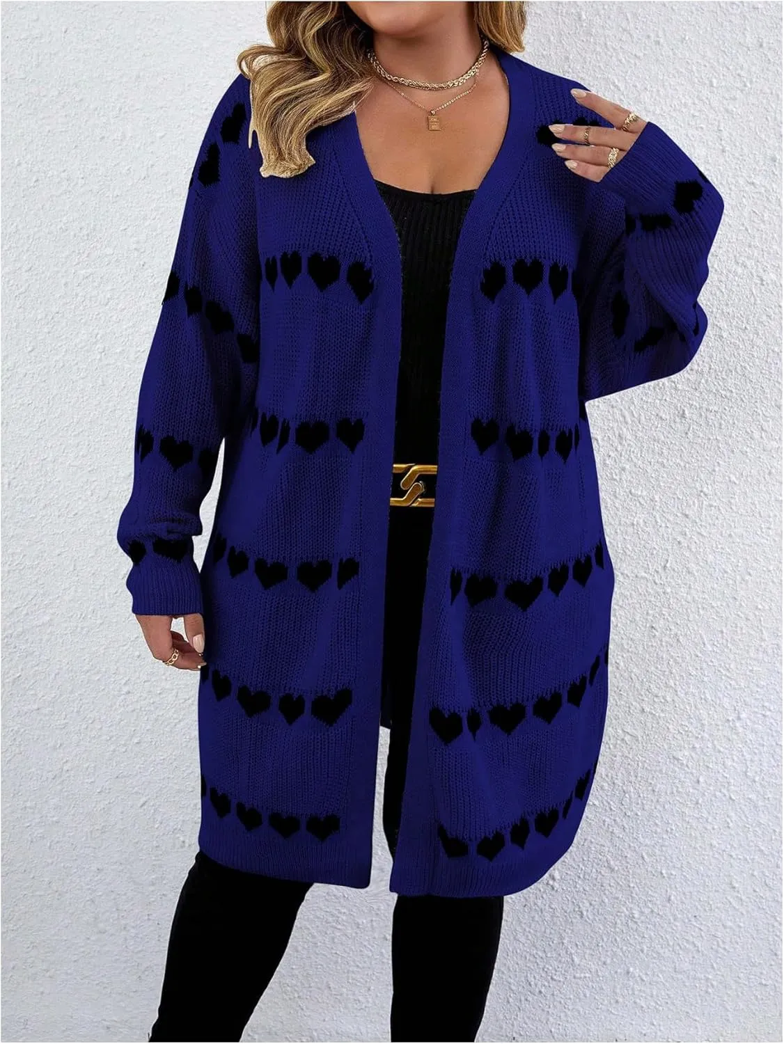 MakeMeChic Women's Plus Size Casual Open Front Duster Cardigan Sweater Heart Printed Long Sleeve Loose Outerwear
