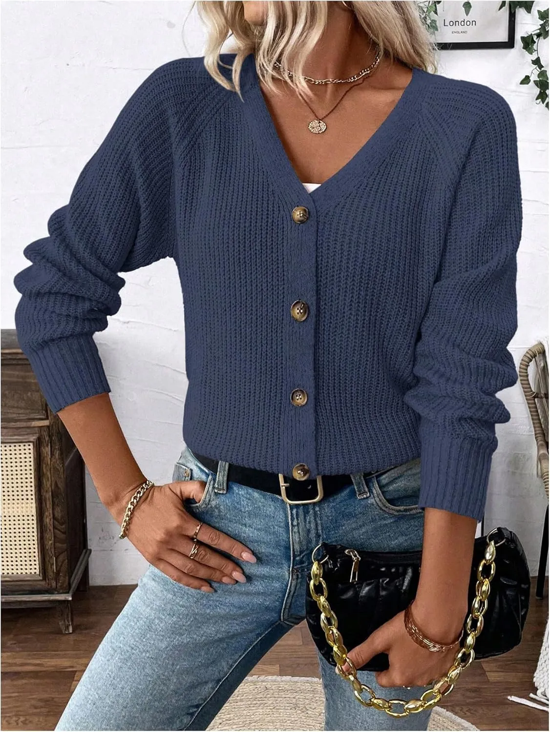 MakeMeChic Women's V Neck Button Down Long Sleeve Cardigan Sweater Drop Shoulder Ribbed Knit Outerwear