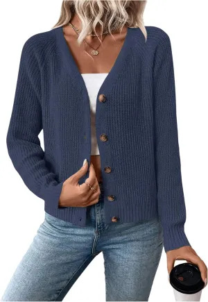 MakeMeChic Women's V Neck Button Down Long Sleeve Cardigan Sweater Drop Shoulder Ribbed Knit Outerwear