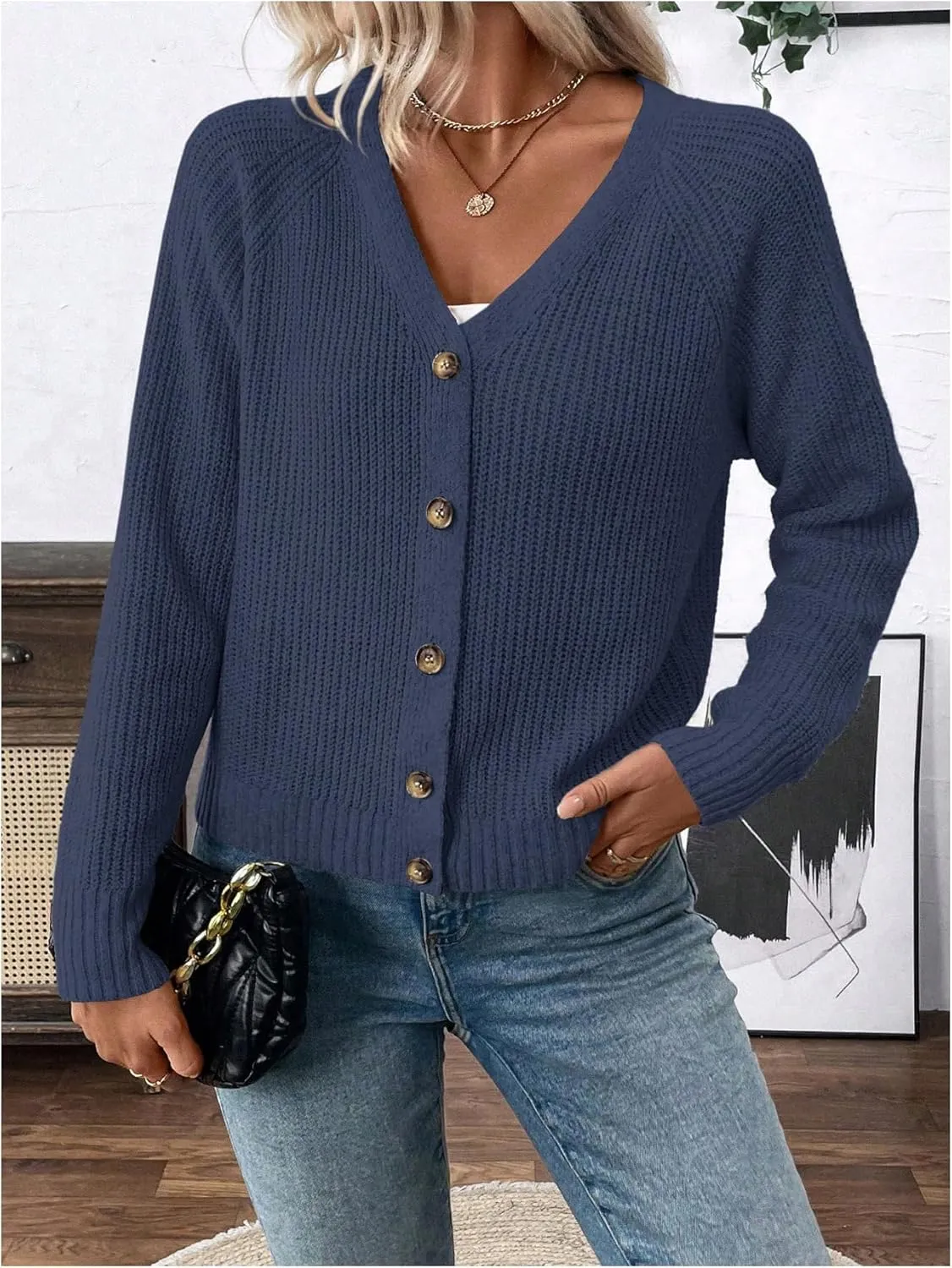 MakeMeChic Women's V Neck Button Down Long Sleeve Cardigan Sweater Drop Shoulder Ribbed Knit Outerwear