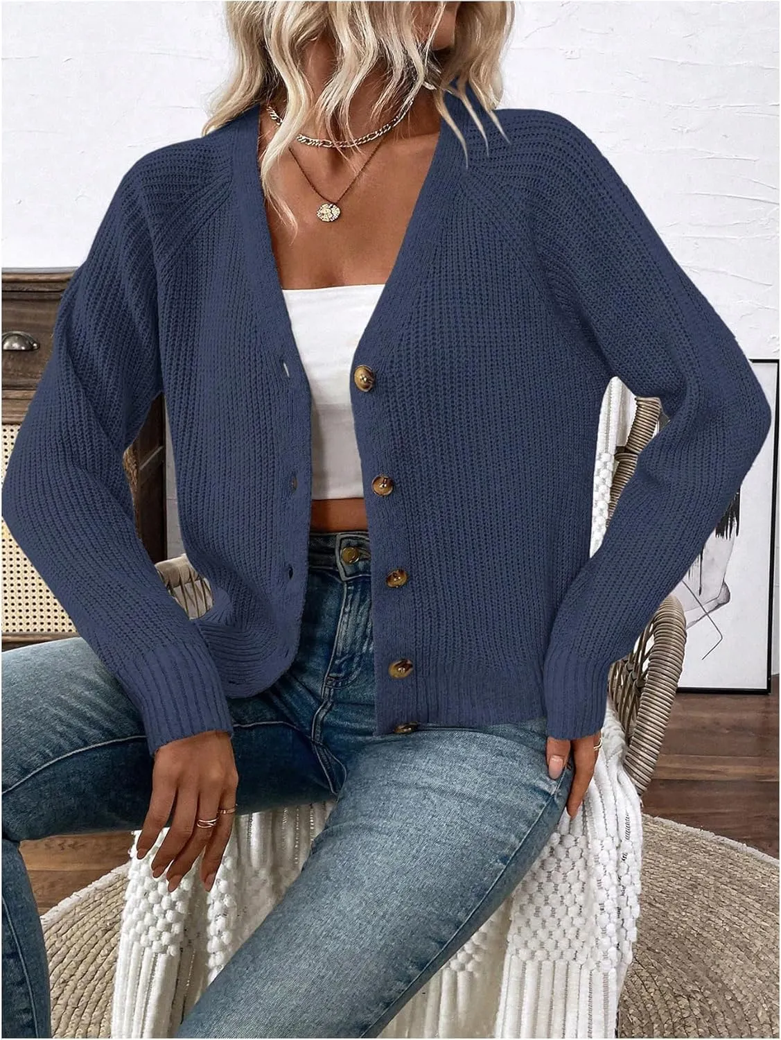 MakeMeChic Women's V Neck Button Down Long Sleeve Cardigan Sweater Drop Shoulder Ribbed Knit Outerwear