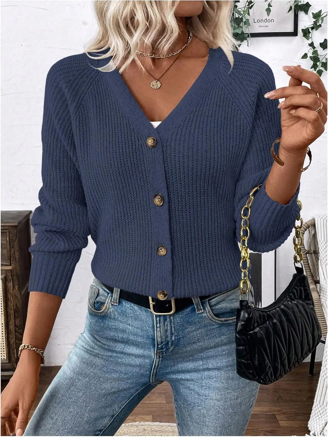 MakeMeChic Women's V Neck Button Down Long Sleeve Cardigan Sweater Drop Shoulder Ribbed Knit Outerwear