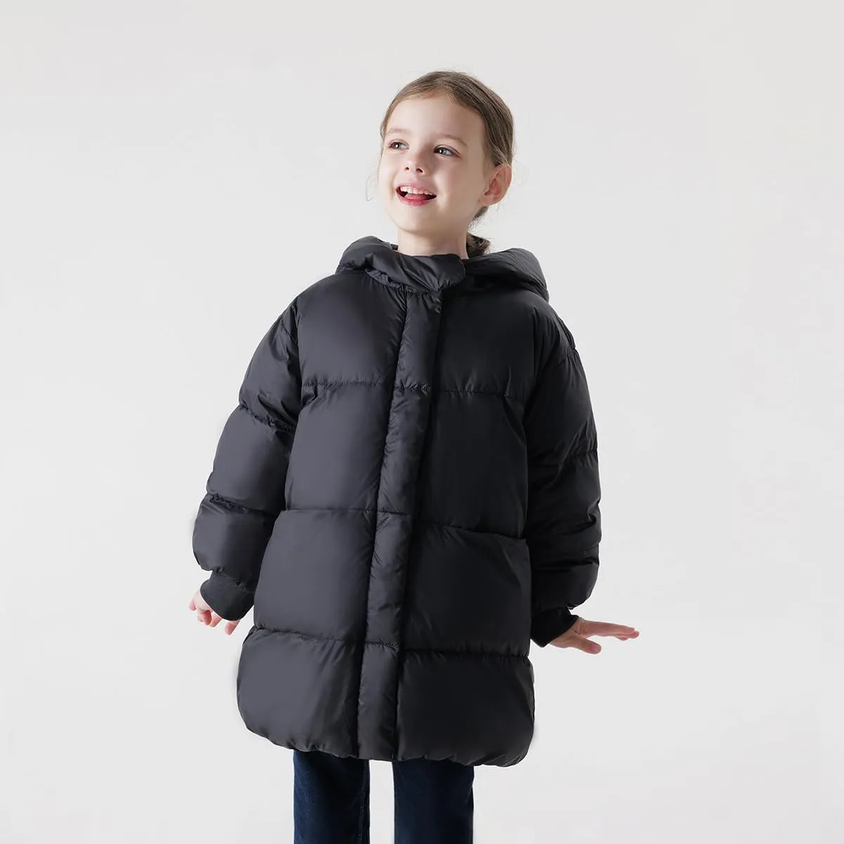 marc & janie Girls Long Sleeve Mid-Length Hooded Down Jacket Solid Button Outerwear Ultralight Warm Tops 231186