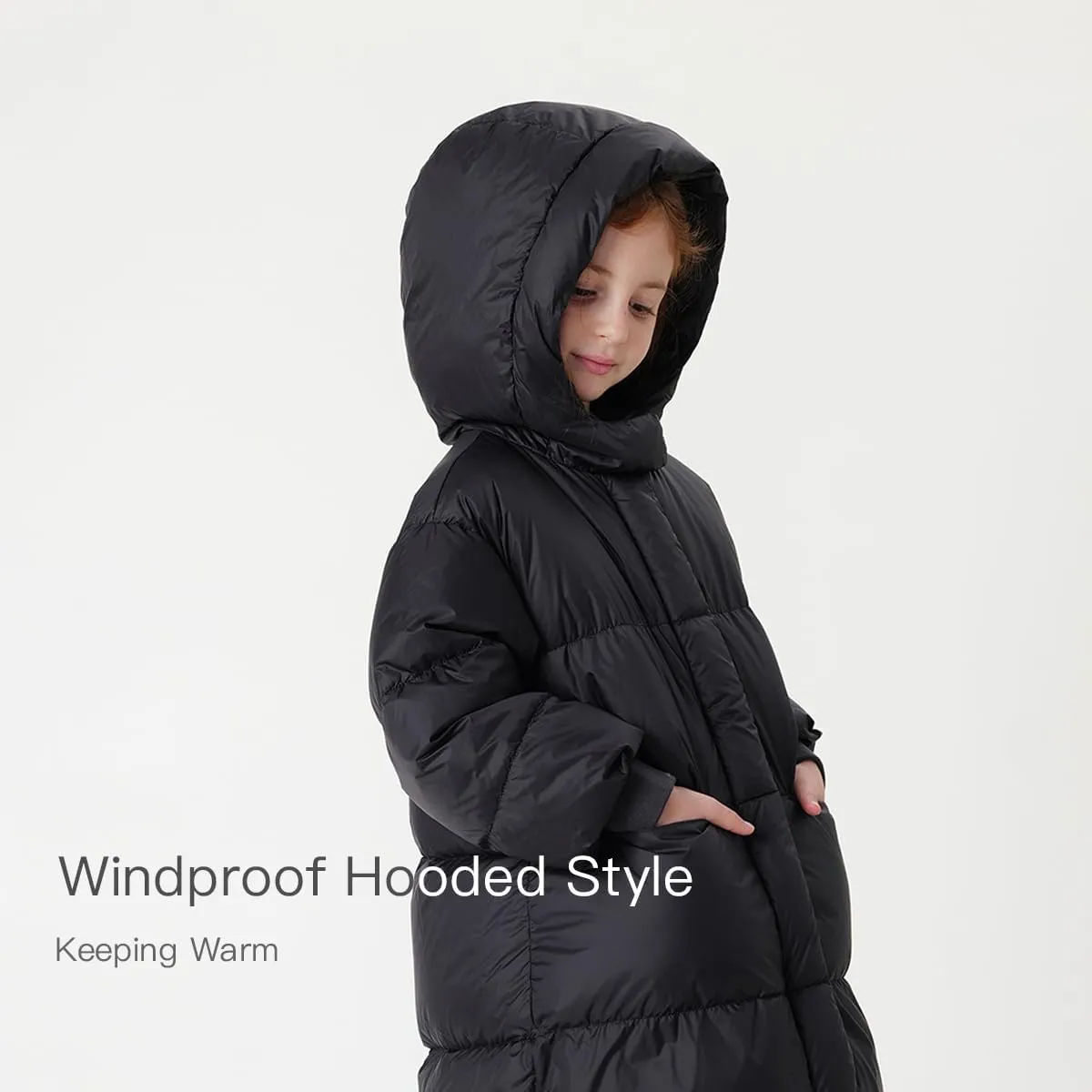 marc & janie Girls Long Sleeve Mid-Length Hooded Down Jacket Solid Button Outerwear Ultralight Warm Tops 231186