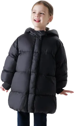 marc & janie Girls Long Sleeve Mid-Length Hooded Down Jacket Solid Button Outerwear Ultralight Warm Tops 231186