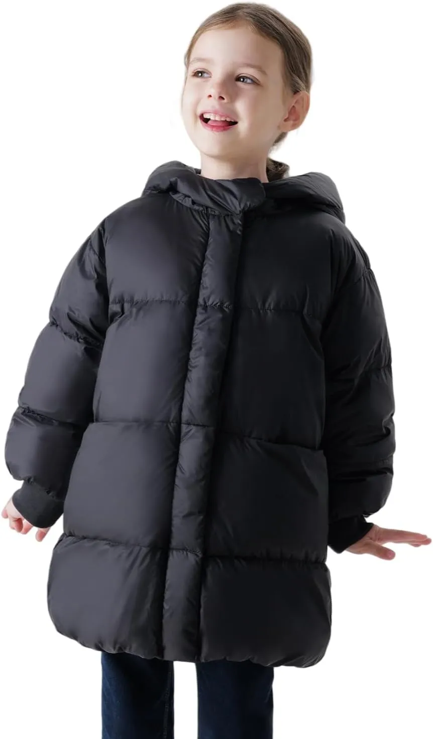 marc & janie Girls Long Sleeve Mid-Length Hooded Down Jacket Solid Button Outerwear Ultralight Warm Tops 231186