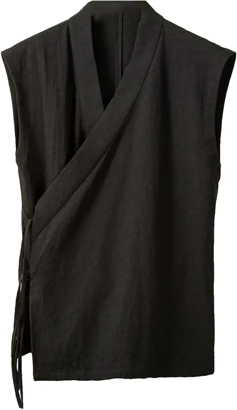 Men Chinese Traditional Vest Linen Cotton Sleeveless Tank Men's Kimono Cardigan Slit Top