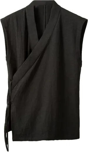Men Chinese Traditional Vest Linen Cotton Sleeveless Tank Men's Kimono Cardigan Slit Top