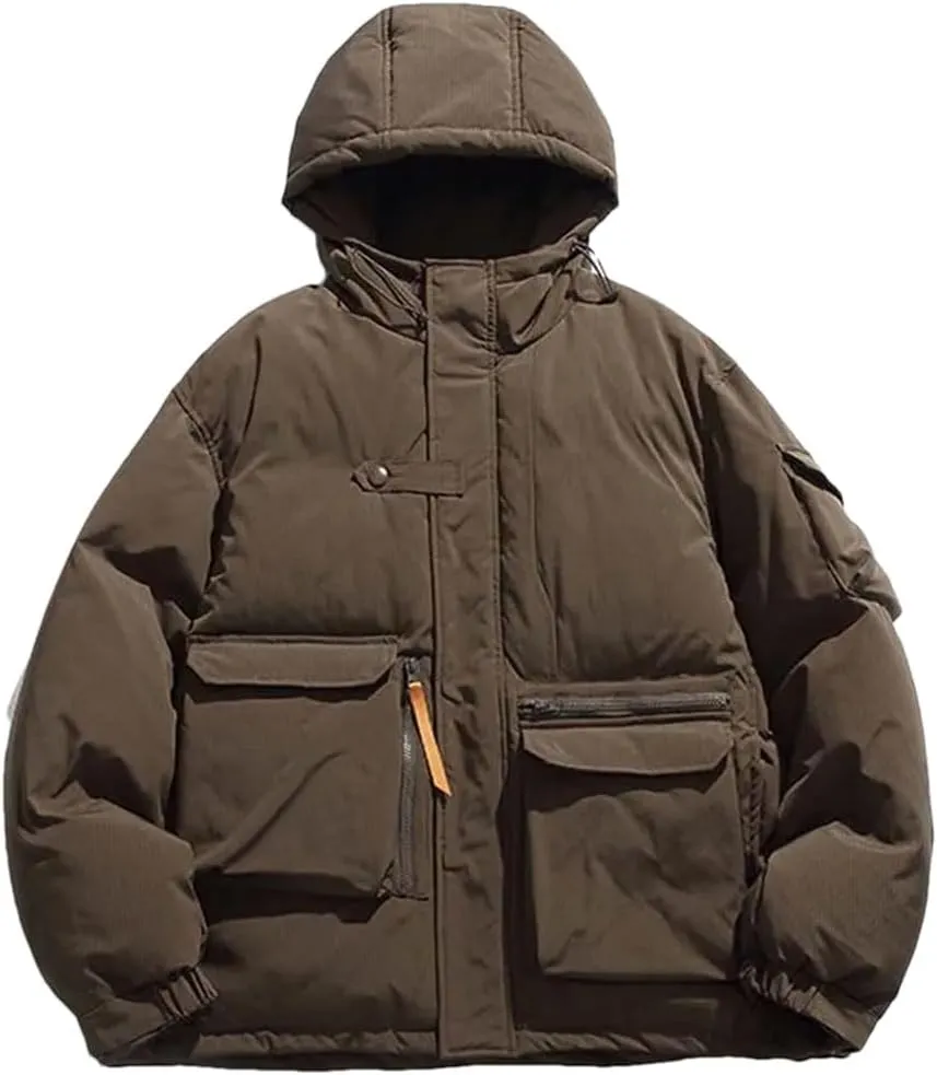 Men Hooded Parka Jackets Streewtear Solid Thicken Warm Cotton Padded Pockets Harajuku Coat