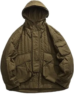 Men Solid Hooded Thick Parkas Jackets Vintage Oversized Big Pockets Cotton Padded Coat