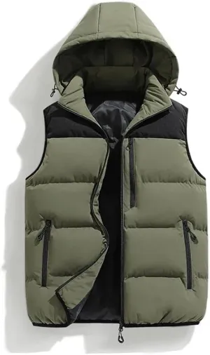 Men Thicken Cotton Padded Vest Sleeveless Vest Jacket Coat Detachable Hooded Vest Coat