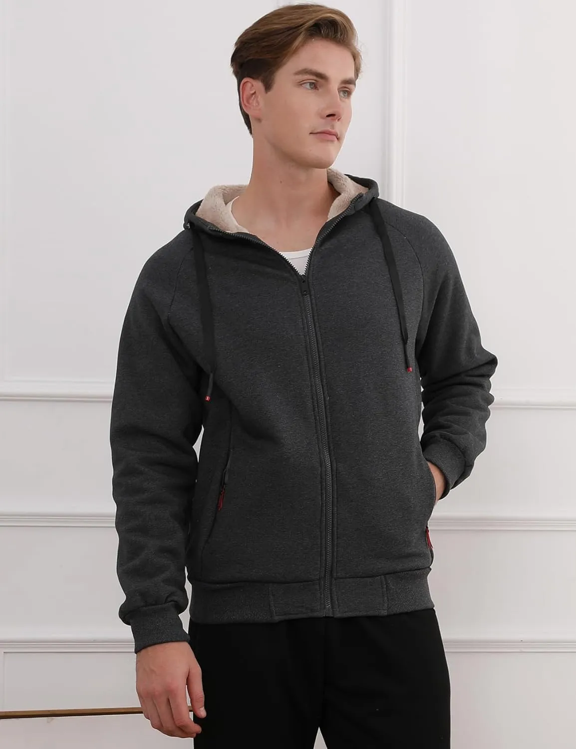 Men Winter Sherpa Lined Hoodie Warm Heavyweight Fleece Jacket Casual Zip Up Thick Hooded Sweatshirt