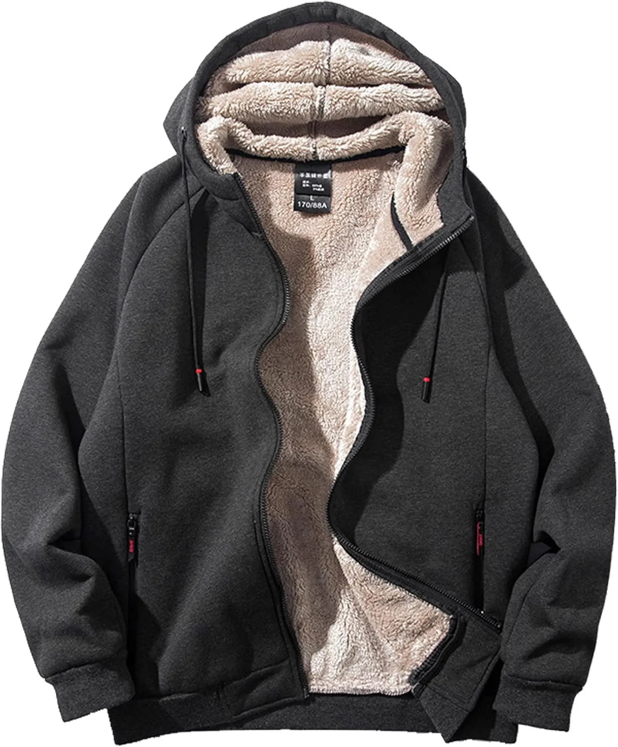 Men Winter Sherpa Lined Hoodie Warm Heavyweight Fleece Jacket Casual Zip Up Thick Hooded Sweatshirt