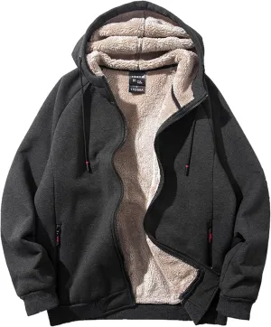 Men Winter Sherpa Lined Hoodie Warm Heavyweight Fleece Jacket Casual Zip Up Thick Hooded Sweatshirt