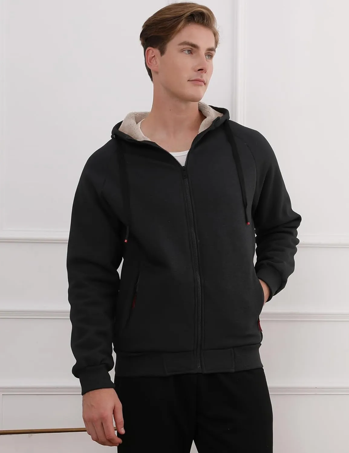 Men Winter Sherpa Lined Hoodie Warm Heavyweight Fleece Jacket Casual Zip Up Thick Hooded Sweatshirt