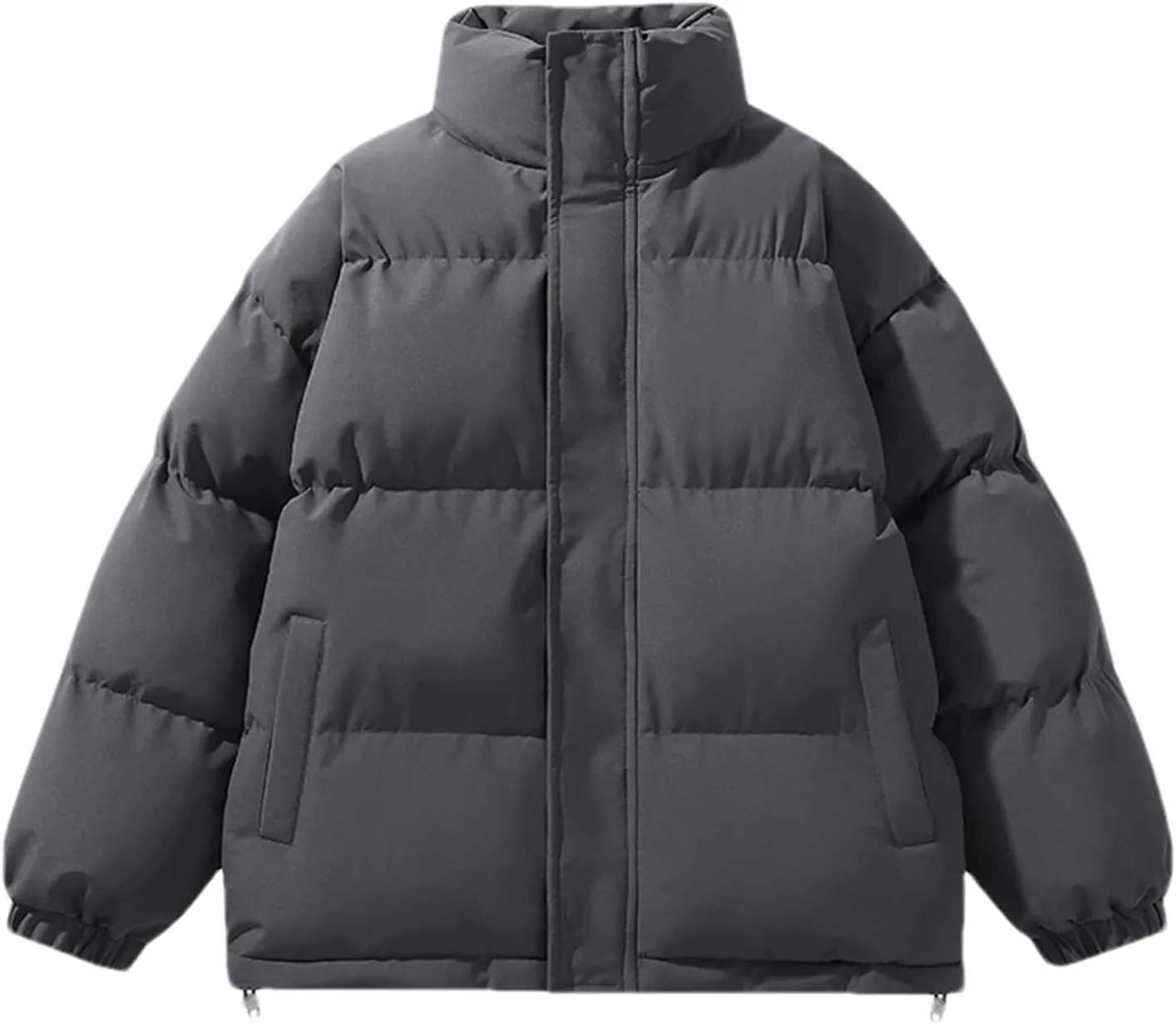 Men Zipper Button Stand Collar Cotton-Padded Casual Solid Color Long Sleeve Parka Coat