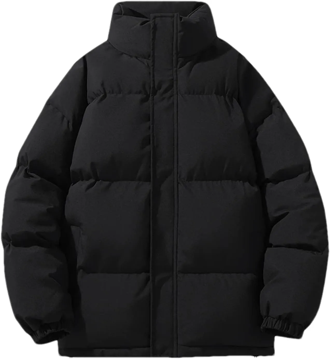 Men Zipper Button Stand Collar Cotton-Padded Casual Solid Color Long Sleeve Parka Coat