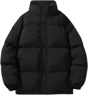 Men Zipper Button Stand Collar Cotton-Padded Casual Solid Color Long Sleeve Parka Coat