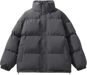 Men Zipper Button Stand Collar Cotton-Padded Casual Solid Color Long Sleeve Parka Coat