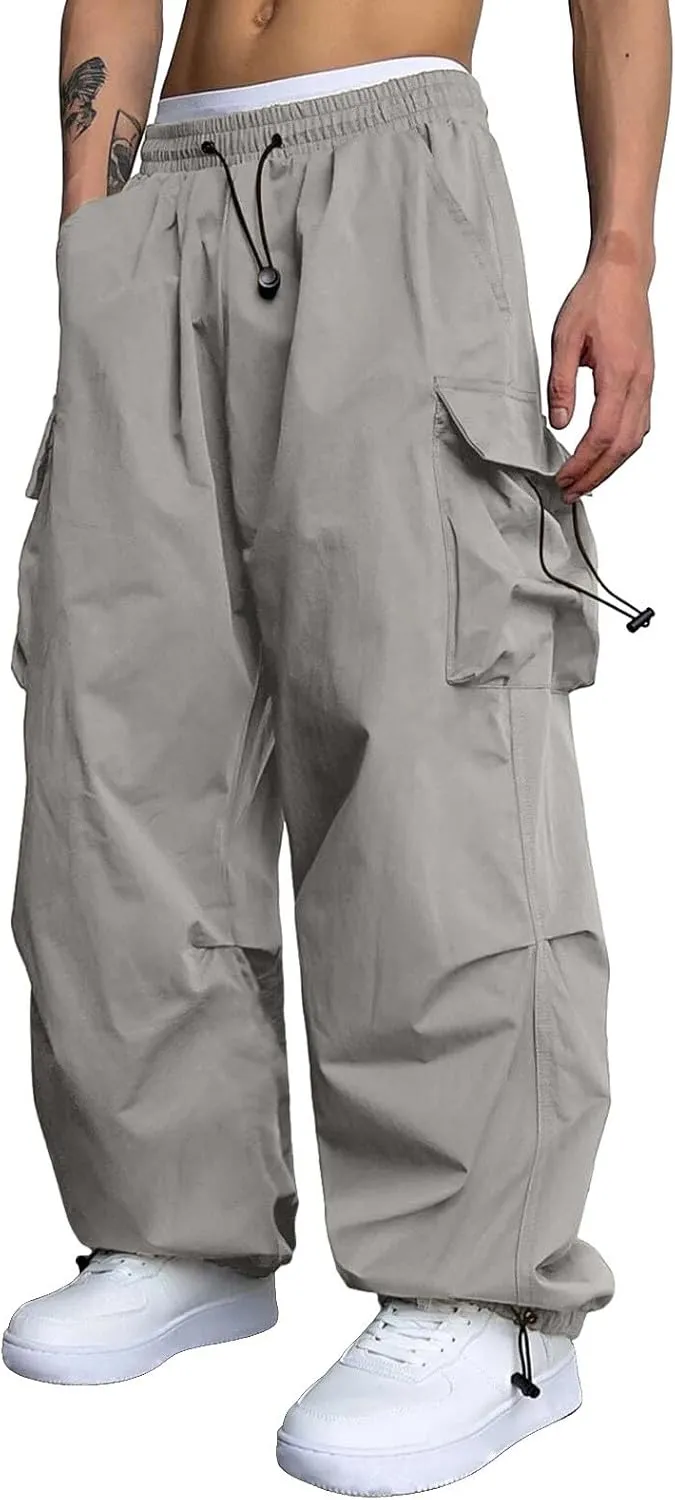Men's Cargo Pants Casual Loose Fit Wide Leg Drawstring Waist Pant Outdoor Pants Multi Pockets