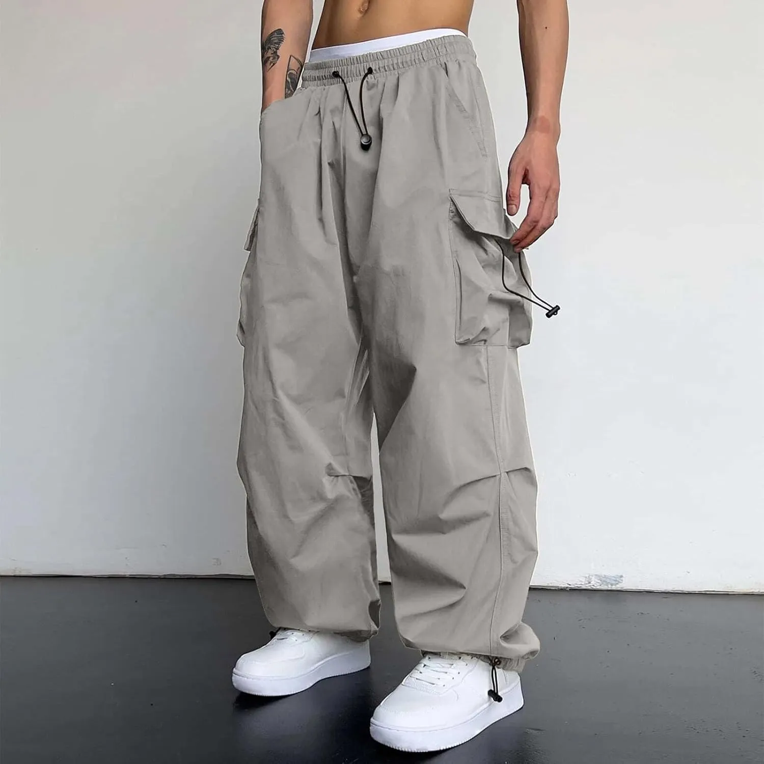Men's Cargo Pants Casual Loose Fit Wide Leg Drawstring Waist Pant Outdoor Pants Multi Pockets