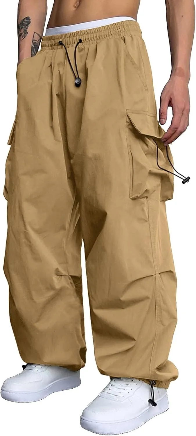 Mens Cargo Pants Casual Loose Fit Wide Leg Elasticated Waist Pant Sweatpants with Pockets