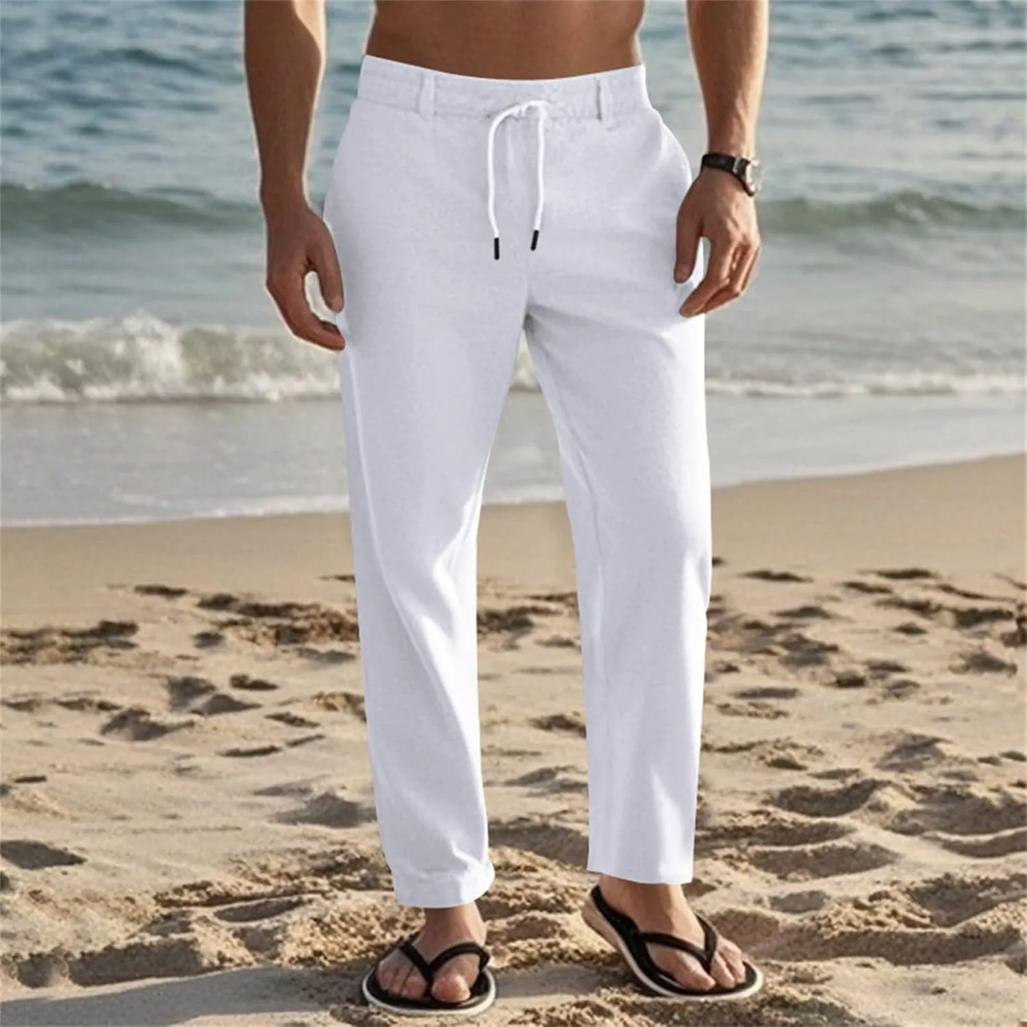 Mens Casual Pants Drawstring Elastic Waist Beach Pants Straight Leg Yoga Pants with Pockets Cropped Sweat Pant Slacks