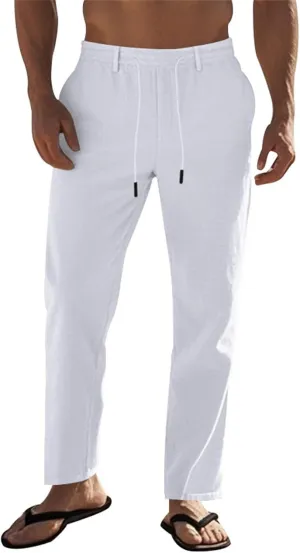 Mens Casual Pants Drawstring Elastic Waist Beach Pants Straight Leg Yoga Pants with Pockets Cropped Sweat Pant Slacks