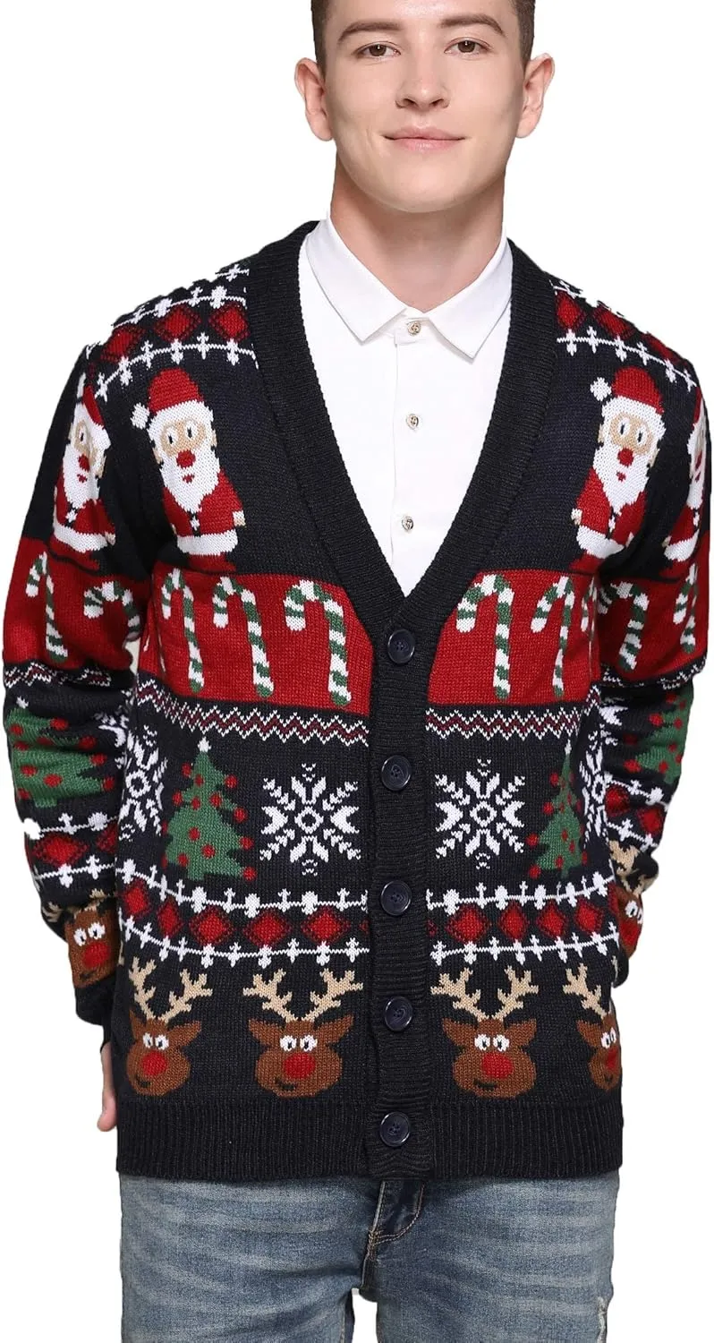 Men's Christmas Rudolph Reindeer Holiday Festive Knitted Sweater Cardigan Cute Ugly Pullover Jumper