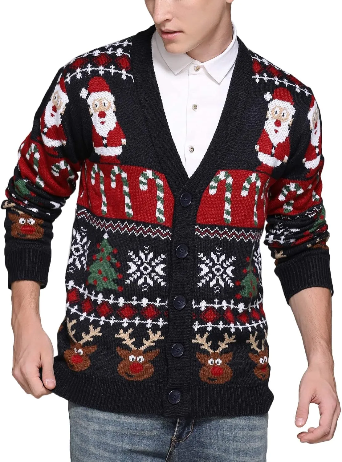 Men's Christmas Rudolph Reindeer Holiday Festive Knitted Sweater Cardigan Cute Ugly Pullover Jumper