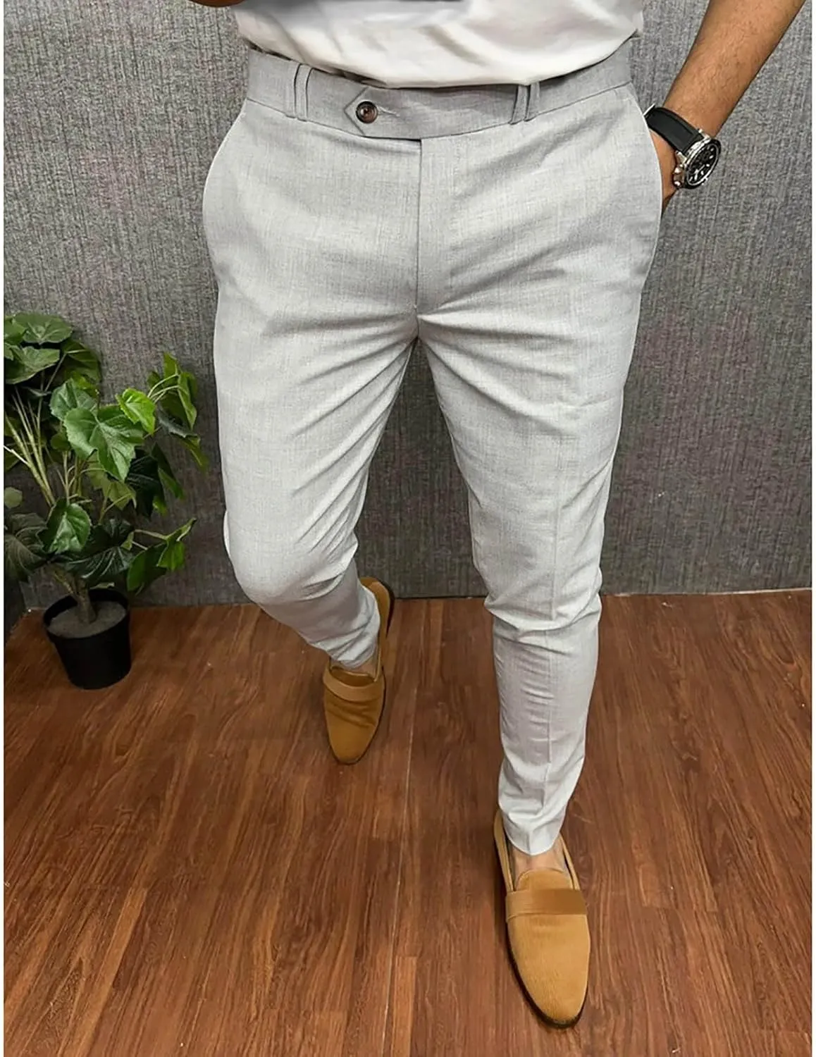 Mens Classic Stretch Flat Front Dress Pants Slim Fit Lightweigh Business Suit Trousers Daliy Streetwear with Pockets
