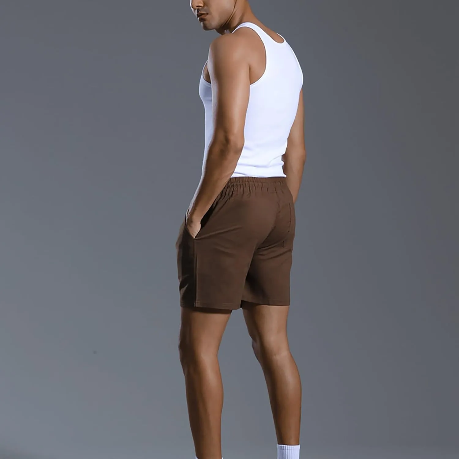 Mens Cotton Linen Classic 7 Inch Shorts with Pockets Elastic Waist Drawstring Athletic Fit Lightweight Running Short for Men