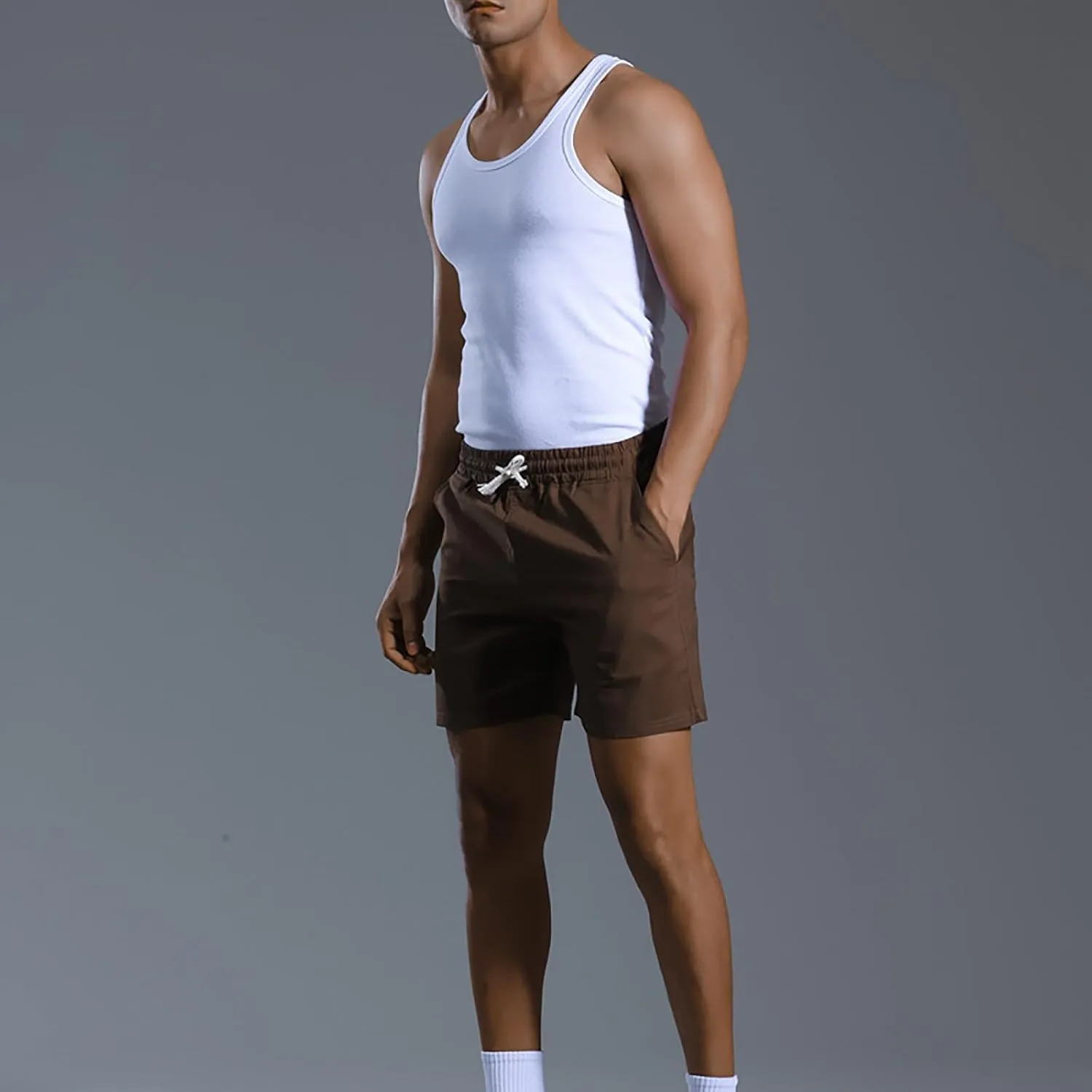 Mens Cotton Linen Classic 7 Inch Shorts with Pockets Elastic Waist Drawstring Athletic Fit Lightweight Running Short for Men