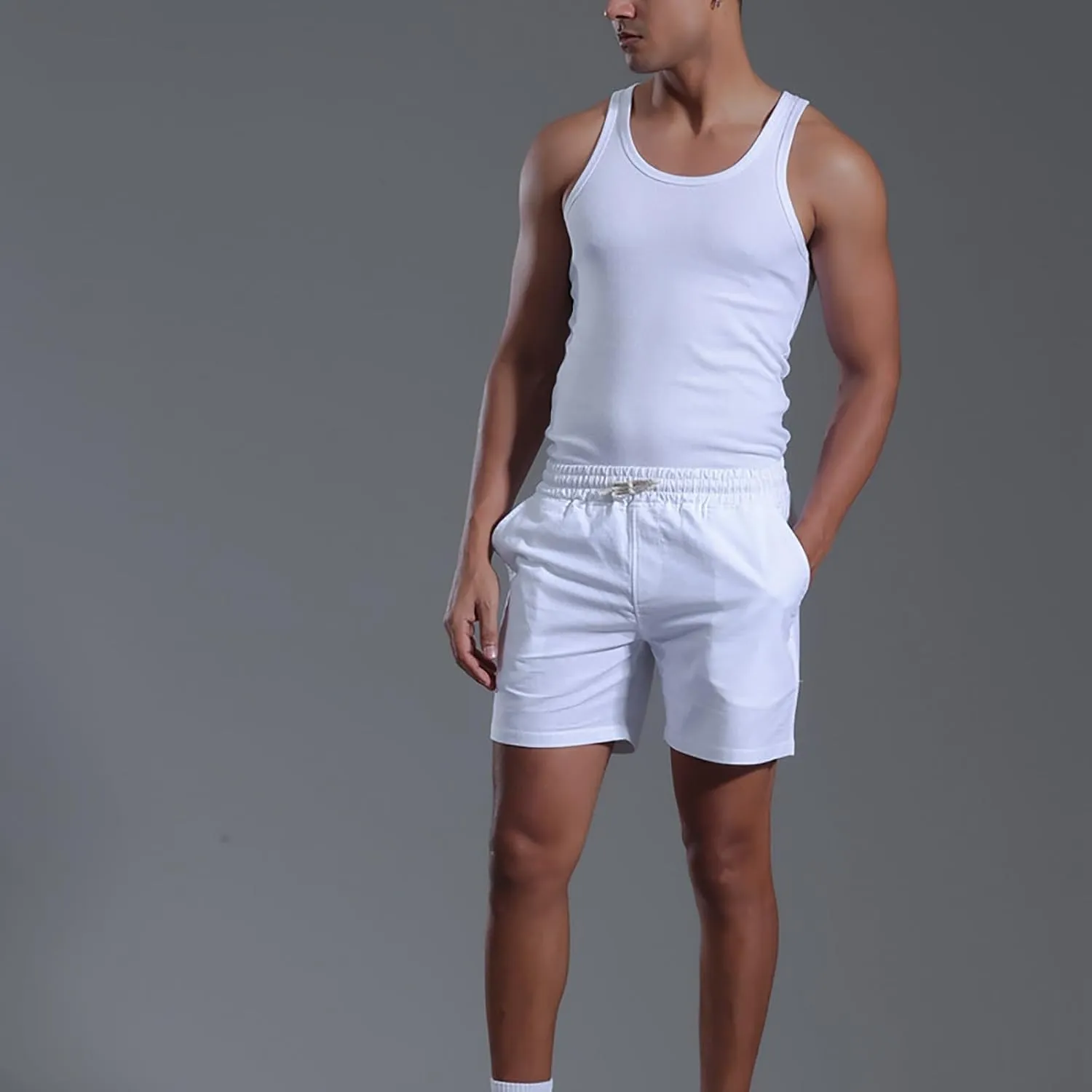 Mens Cotton Linen Classic 7 Inch Shorts with Pockets Elastic Waist Drawstring Athletic Fit Lightweight Running Short for Men