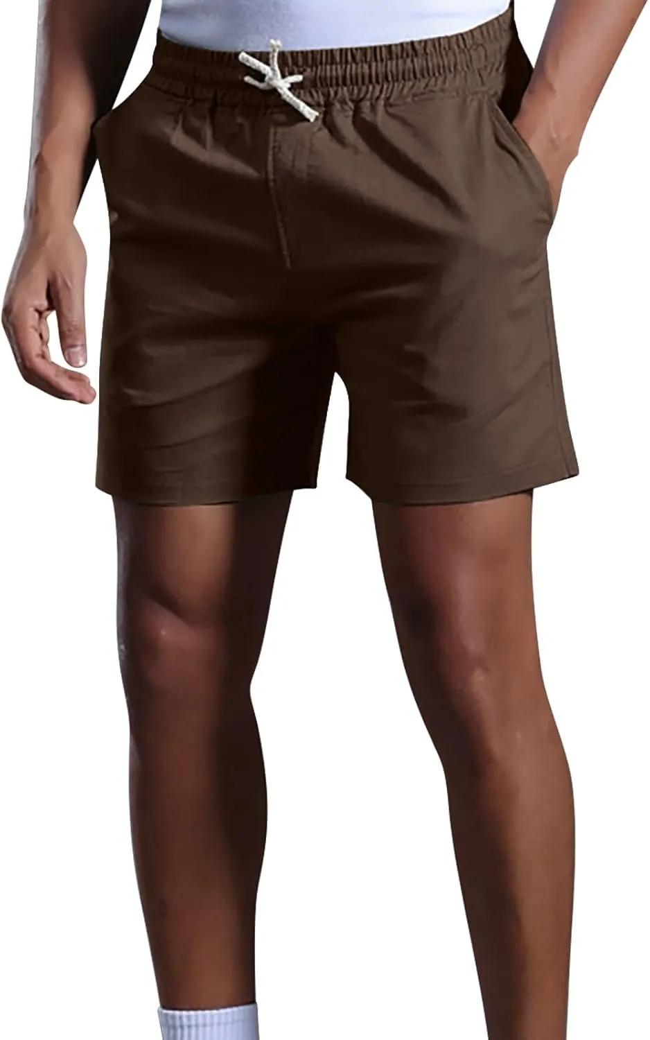 Mens Cotton Linen Classic 7 Inch Shorts with Pockets Elastic Waist Drawstring Athletic Fit Lightweight Running Short for Men