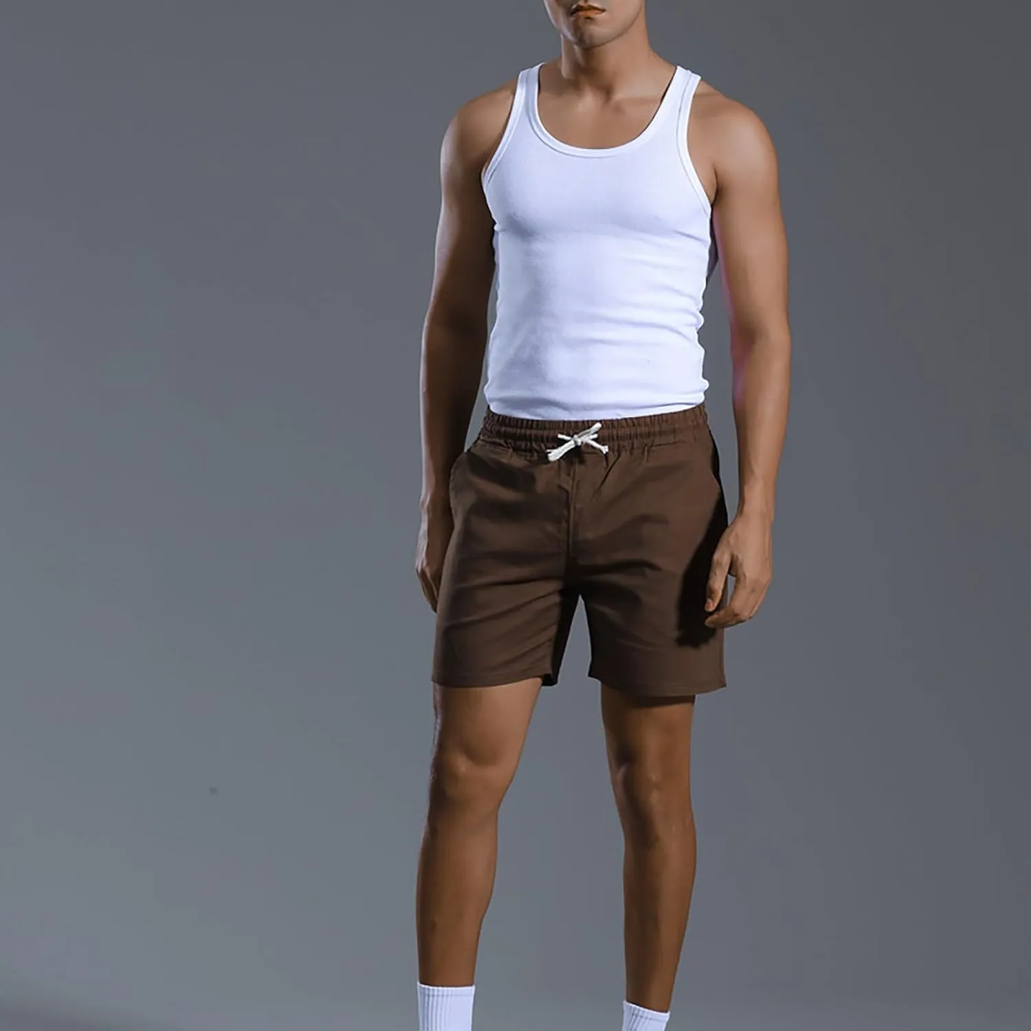 Mens Cotton Linen Classic 7 Inch Shorts with Pockets Elastic Waist Drawstring Athletic Fit Lightweight Running Short for Men