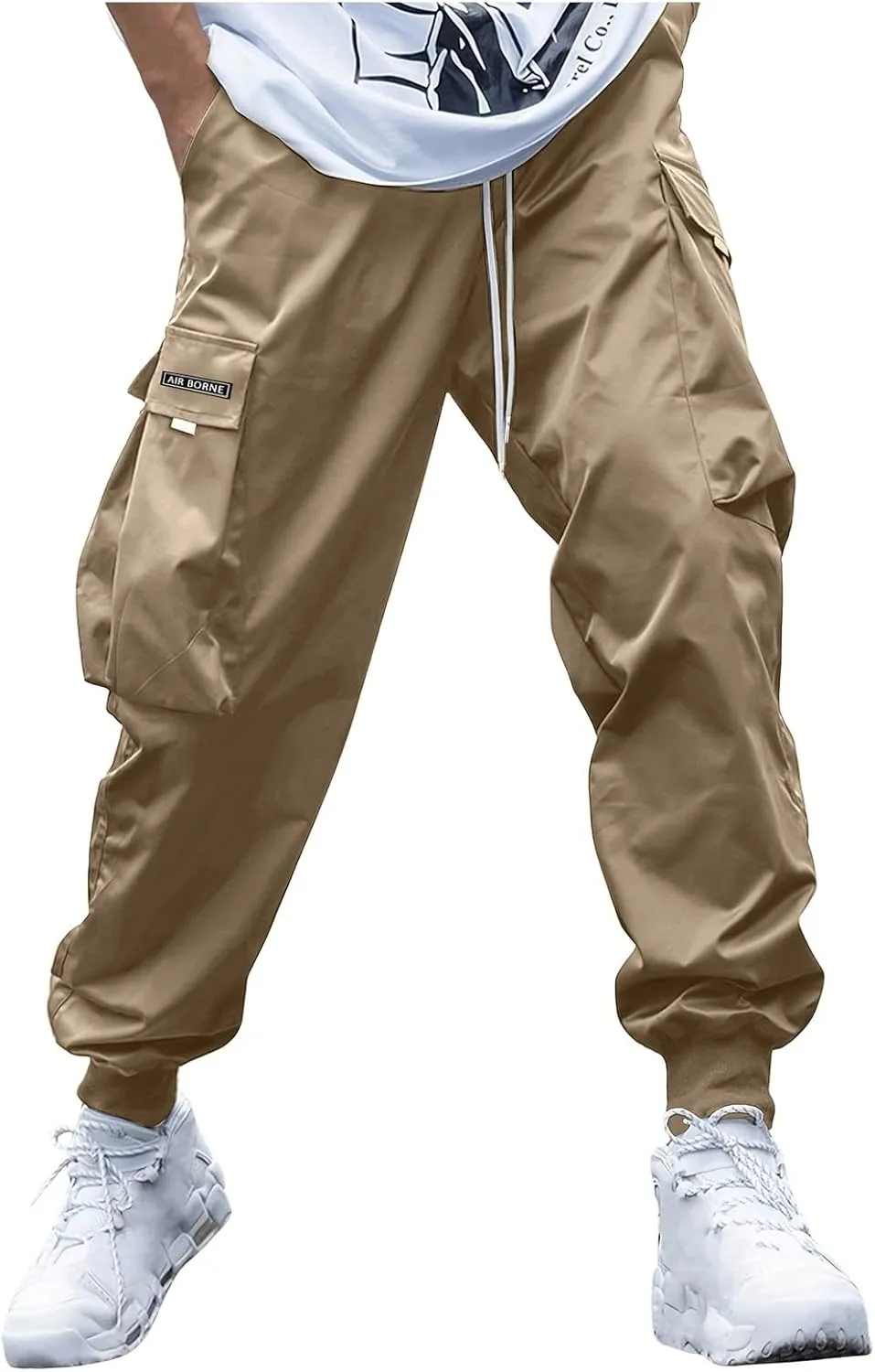 Men's Fashion Joggers Cargo Pants Drawstring Waist Work Sports Pants Baggers Hiking Trousers with Pockets