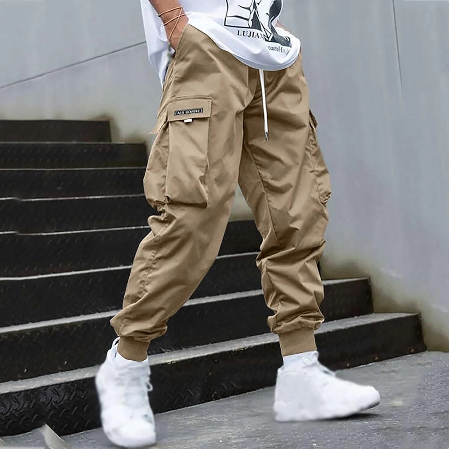 Men's Fashion Joggers Cargo Pants Drawstring Waist Work Sports Pants Baggers Hiking Trousers with Pockets