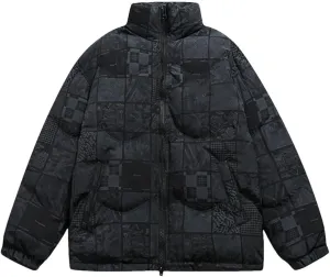 Men's Letters Printed Cotton Padded Couples Thermal Coat Unisex Printed Plaid Stand Collar Parka