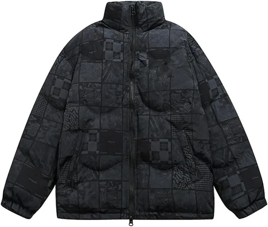 Men's Letters Printed Cotton Padded Couples Thermal Coat Unisex Printed Plaid Stand Collar Parka